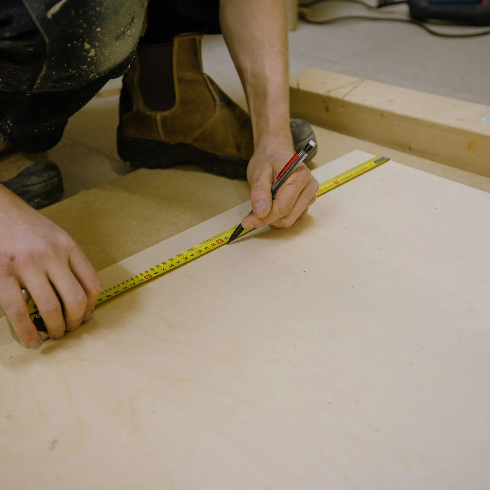 Carpenter marking a sheet of plywood with a pencil and a yellow tape measure